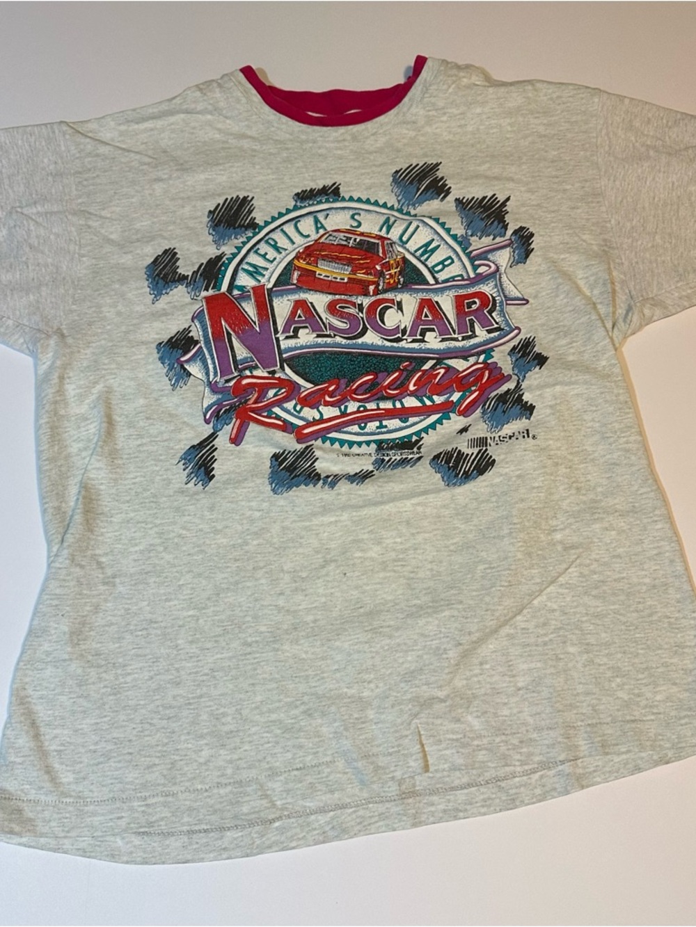 Vtg 90s NASCAR Racing Logo T Shirt 2fer Layered Pink Gray